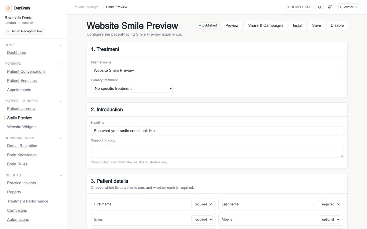 The DenBrain AI Smile Simulator settings screen where a practice chooses which treatments to offer and previews the widget.